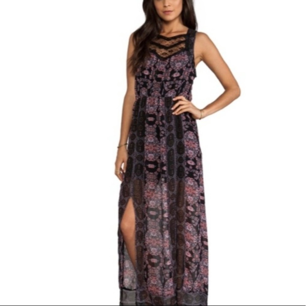FREE PEOPLE boho maxi floral print black coral purple, lace size 2